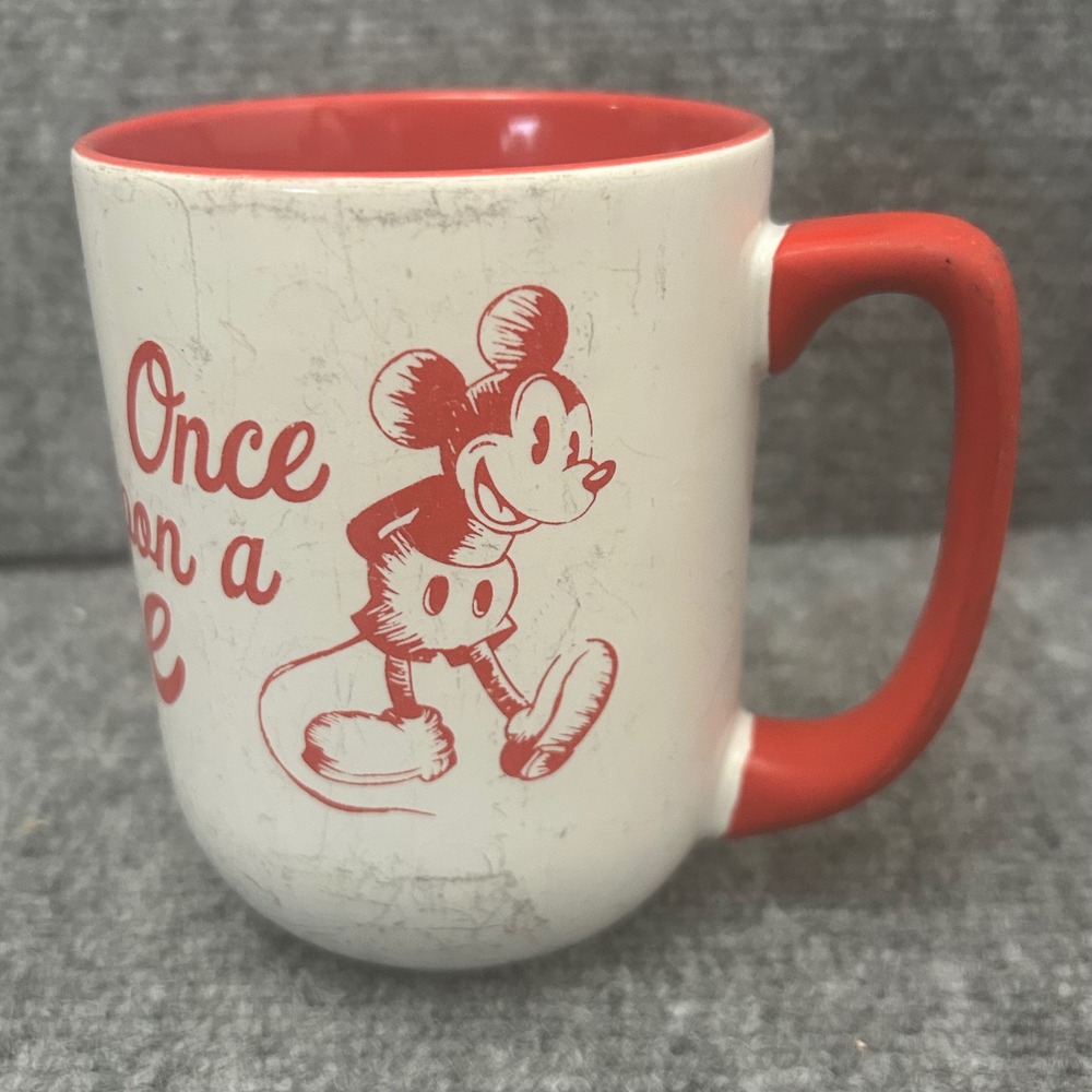 Disney Parks Mickey Minnie Mouse Once Upon a Time Coffee Mug Red White Ceramic